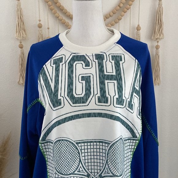 pieced sweatshirt top trendy mixed media long sleeve embroidered blue white M - Picture 2 of 16